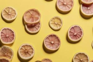 Uniform pattern of dried lemon slices with shadow on a pink background. Flat lay, generate ai photo