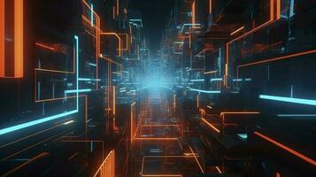 digital cg background, cg backgrounds sci-fi backgrounds, in the style of futuristic geometric abstraction, dark orange and light cyan, 32k UHD, neon, and fluorescent light, generat ai photo