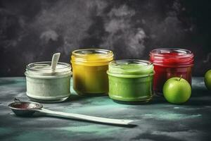 Sauces, apple and green measuring tape on grunge background. Diet concept, generate ai photo