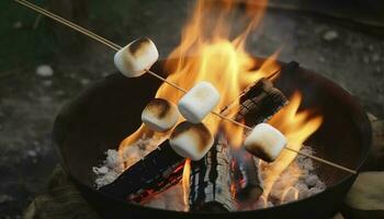 ardiente fuego en un compacto parrilla, madera registros envuelto en rojo llamas, de cerca de freír Malvaviscos en fuego, fumar se levanta, concepto de divertido fiesta, Cocinando delicadeza al aire libre, generar ai foto