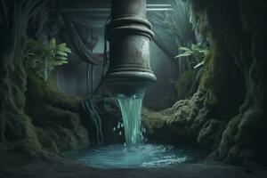 an ancient waterpipe with the earth inside and water overflowing, in the style of photorealism, light green and dark azure, innovative composition, mike Campau, environmental awareness, generate ai photo