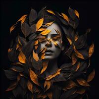 Woman sticking out of black and gold leaves. Generate Ai photo