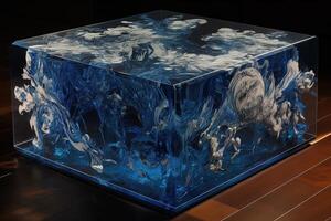 design table with block of ice and resin illustration photo