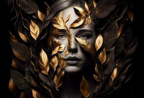 Woman sticking out of black and gold leaves. Generate Ai photo