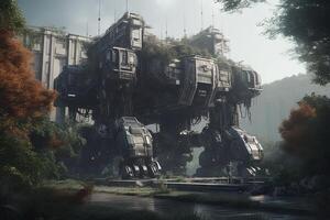 Robot in a city where nature is blended with technology illustration photo