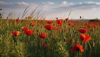 Anzac Day memorial poppies. Field of red poppy flowers to honour fallen veterans soldiers in battle of Anzac armistice day. Wildflowers blooming poppy field landscape, generate ai photo