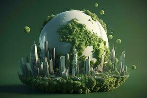 paper art , Green planet Earth of sphere futuristic , Crystal Earth planet green forest city , Generate Ai photo