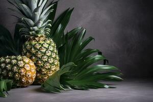 Fresh pineapple with tropical leaves on gray background. , generate ai photo