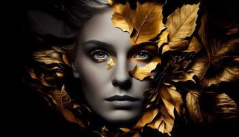 Woman sticking out of black and gold leaves. Generate Ai photo