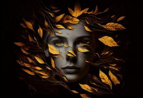 Woman sticking out of black and gold leaves. Generate Ai photo