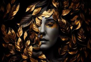 Woman sticking out of black and gold leaves. Generate Ai photo