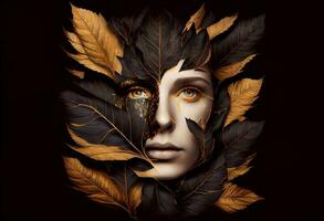 Woman sticking out of black and gold leaves. Generate Ai photo