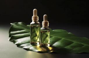 Cosmetic serum in a glass bottles with a pipette on a dark background with green leaves on a dark background. Skin care serum, essential oils, spa and wellness. Natural cosmetic. . photo