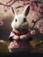 fotorrealista minúsculo linda y adorable Conejo es vestido en un tradicional chino kimono en contra el fondo de Cereza flores, antropomórfico, dramático Encendiendo, generar ai foto