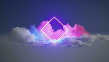 3d render, abstract minimal background with pink blue yellow neon light square frame with copy space, illuminated stormy clouds, glowing geometric shape, generate ai photo