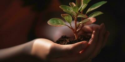 A child holding a plant in their hands with a green background and sunlight shining through the leaves on the plant, generate ai photo