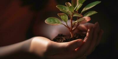 un niño participación un planta en su manos con un verde antecedentes y luz de sol brillante mediante el hojas en el planta, generar ai foto