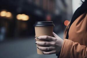 hembra mano con papel taza de café tomar lejos. mujer participación a Vamos tomar fuera café taza, borroso ciudad calle en antecedentes. ai generado imagen. foto