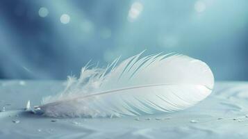 a bright blue background with one white feather, in the style of soft and dreamy pastels, glimmering light effects, nature inspired imagery, fairycore, soft focal points, generate ai photo