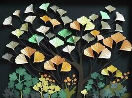 3d colorful illustration of ginkgo leaves, deer, and leaves in dark background. minimalist hand-painted canvas art wall frame decor, generate ai photo