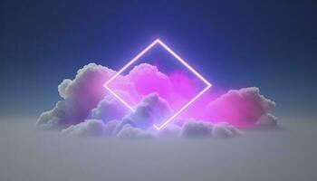 3d render, abstract minimal background with pink blue yellow neon light square frame with copy space, illuminated stormy clouds, glowing geometric shape, generate ai photo