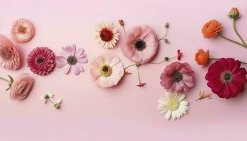 Top view image of pink flowers composition over pastel background , generate ai photo