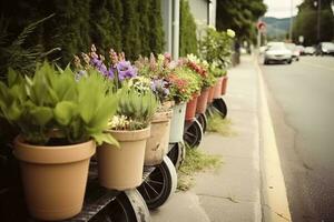 Flower pots on the side of the road, generate ai photo