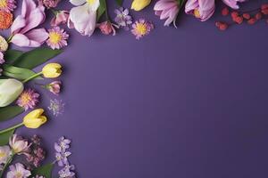 multicolored spring flowers on purple background , generate ai photo