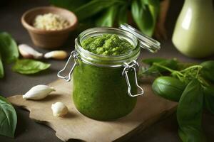 Green pesto sauce made of wild garlic, generate ai photo