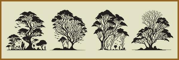 siluetas de grande árbol, árboles de hoja perenne y abetos en contra un blanco antecedentes. bosque formas y plantillas para con temas de la naturaleza vector diseños