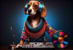 Dog DJ set. Anthropomorphic animal having fun at the trendy club night party. International Music Day. Generate Ai. photo