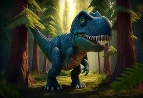 Tyrannosaurus. T. rex dinosaur cartoon character in the forest. Funny animal . Generate Ai. photo