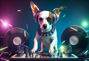 Dog DJ set. Anthropomorphic animal having fun at the trendy club night party. International Music Day. Generate Ai. photo
