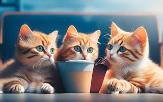 Three cute cat in sunglasses watching a movie with popcorn. Generate Ai photo