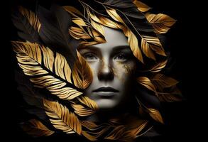 Woman sticking out of black and gold leaves. Generate Ai photo