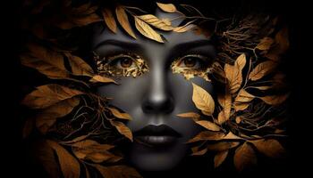 Woman sticking out of black and gold leaves. Generate Ai photo