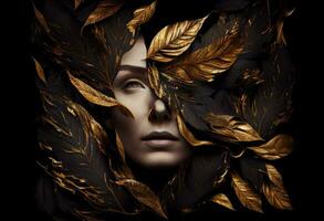 Woman sticking out of black and gold leaves. Generate Ai photo