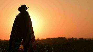 western slijtage Kaukasisch mannen met Verenigde staten vlag in handen. toneel- zonsondergang. langzaam beweging beeldmateriaal video