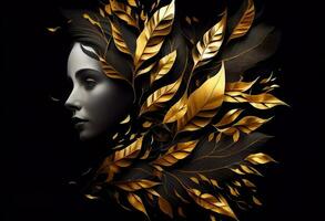 Woman sticking out of black and gold leaves. Generate Ai photo