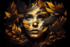 Woman sticking out of black and gold leaves. Generate Ai photo