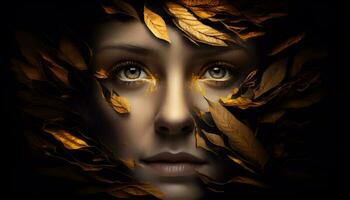 Woman sticking out of black and gold leaves. Generate Ai photo