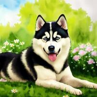 A beautiful Alaskan husky dog. Watercolor painting. Majestic Trails. photo