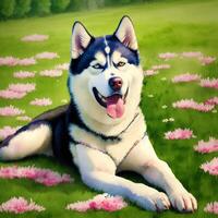 A beautiful Alaskan husky dog. Watercolor painting. Majestic Trails. photo