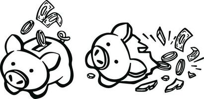 cerdito banco conjunto - todo y roto, acumulación de poder, ilustración vector