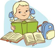 Girl reads a lot, happy, preparing for school, education, illust vector