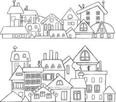 Vector City, Town and Countryside Illustration in Linear Style - buildings, skyscraper, church, factory, barn. Thin line art icons. Vector illustration