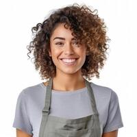 Happy woman , small business owner in casual wearing grey apron, isolated. Illustration photo