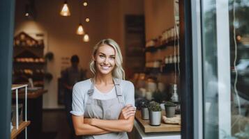 Happy woman , small business owner in casual wearing grey apron. Illustration photo