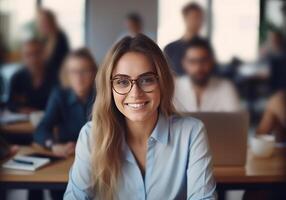 Happy girl standing in creative office. Illustration photo