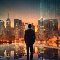 Business man standing back during sunrise overlay with cityscape Illustration photo